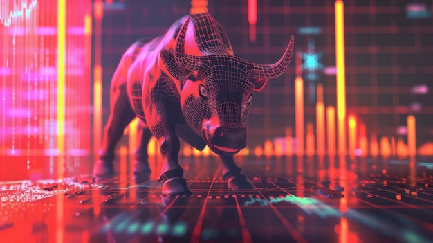 Rendering concettuale 3D di un progetto di mercato azionario bull con grafico azionario sullo sfondo