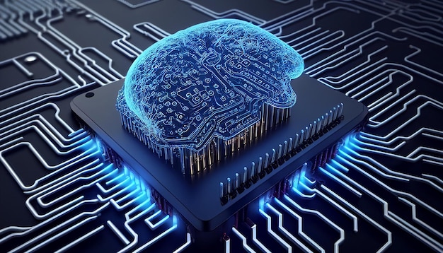 Rendering dell'idea hardware di intelligenza artificiale Sulla scheda madre di un computer è presente un circuito cerebrale lampeggiante su un microchip bianco Per l'elaborazione massiccia dei dati Trading di intelligenza artificiale AI generativa