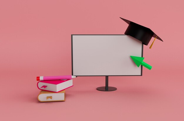 rendering dell'illustrazione 3d monitor del computer minimo cappello di graduazione online con libro su sfondo romano