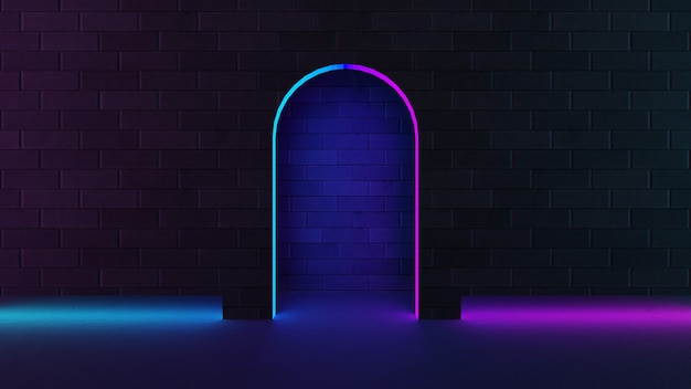 Rendering dell'illustrazione 3D. Muro di mattoni con bagliore di luce rosa blu ad arco.