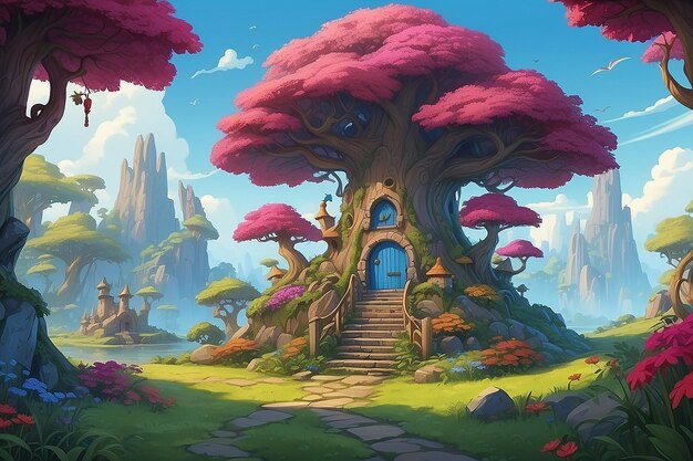 Rendering dell'illustrazione di una scena di fantasia dei cartoni animati