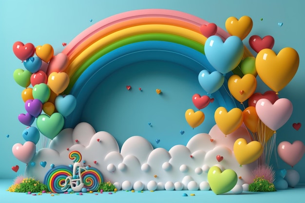 Rendering di AI generativa dello sfondo di San Valentino con arcobaleno e palloncini