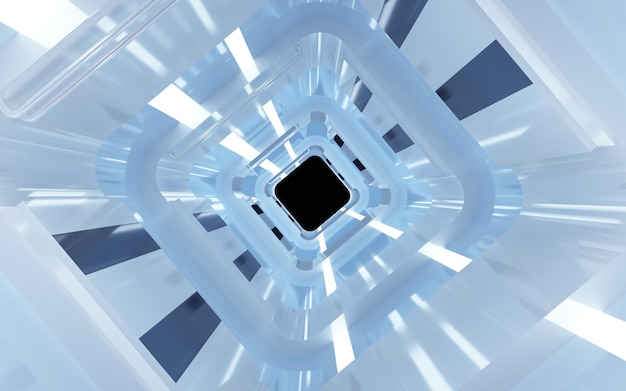 Rendering di cinema 4D sfondo tunnel rombo con luce blu al neon per mockup di visualizzazione