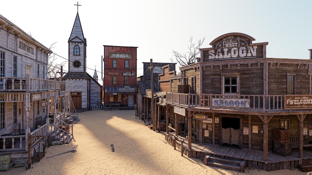 Rendering di illustrazioni 3D di una strada vuota in una vecchia città del selvaggio west con edifici in legno