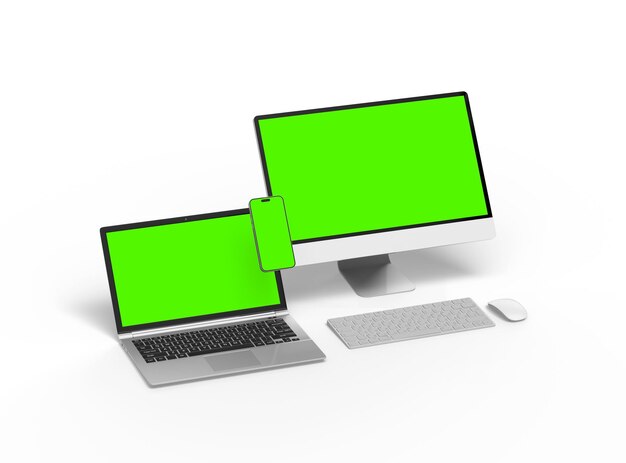 Rendering di laptop desktop e smartphone con schermo verde su uno sfondo chiaro