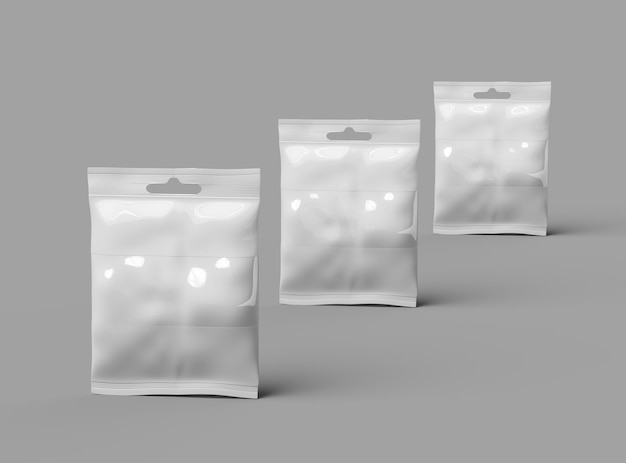 Rendering di sacchetto ziplock riapertabile con finestra e foro appeso su sfondo chiaro