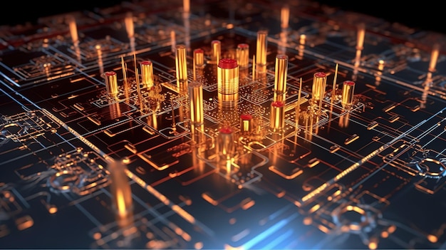 Rendering di un circuito elettronico di un computer quantistico. AI generativa