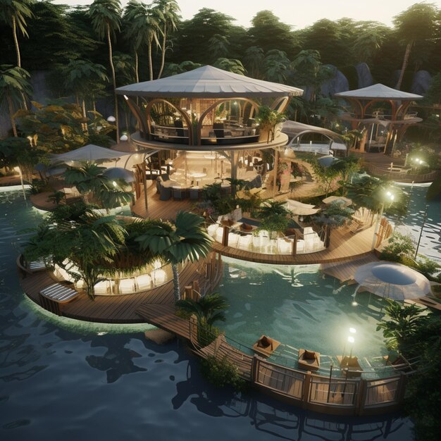 rendering di un resort tropicale con piscina e ristorante ai