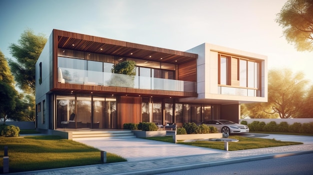 rendering di una casa moderna con un'auto parcheggiata di fronte ai generativa