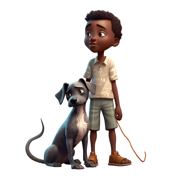 Rendering digitale 3D di un ragazzino con un cane isolato su sfondo bianco