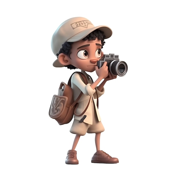 Rendering digitale 3D di un ragazzo carino con uno zaino e una macchina fotografica