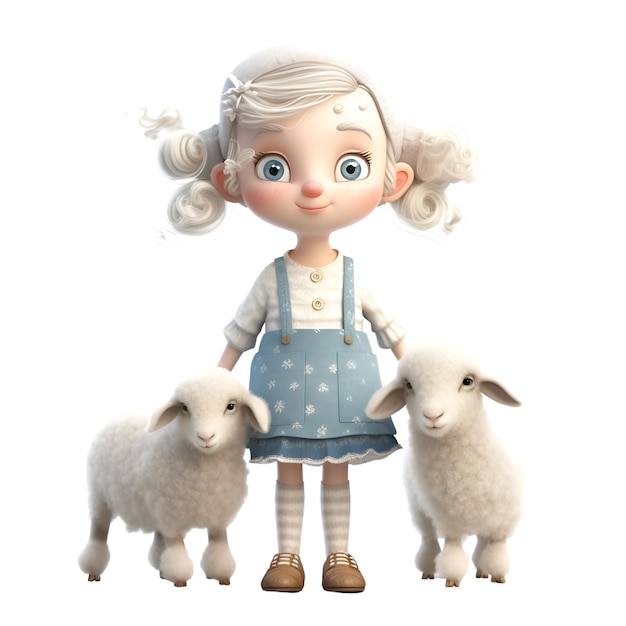 Rendering digitale 3D di una bambina carina con i suoi agnelli isolati su sfondo bianco