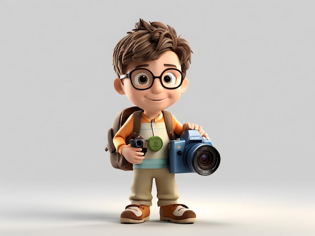 Rendering digitale cartoon 3D di un ragazzo con una macchina fotografica isolata su sfondo bianco