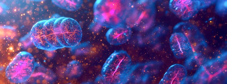 Foto rendering digitale dei mitocondri in colori vivaci con un'estetica sci-fi