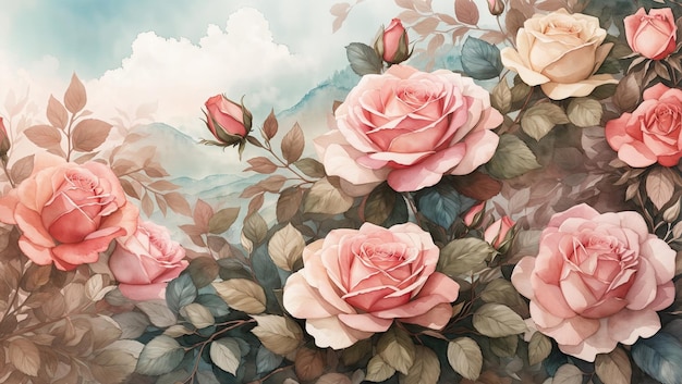 Rendering digitale di rose e foglie ad acquerello