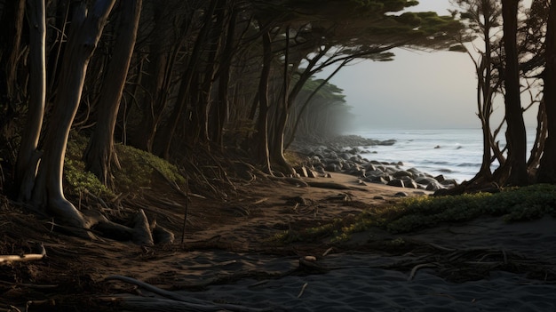 Rendering fotorealistici scuri di una spiaggia di Malibu nella regione del lupo artico