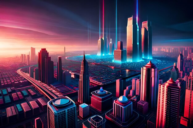 rendering futuristico città megacity cyberpunk scifi illustrazione 3D foto AI generativa