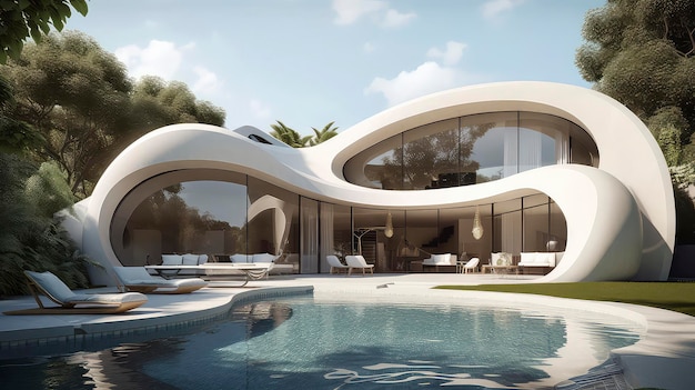 Rendering generato dall'intelligenza artificiale di una villa di lusso dal design futuristico