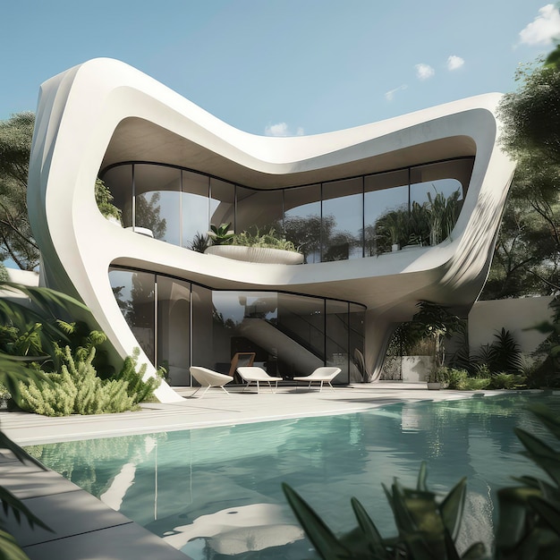 Rendering generato dall'intelligenza artificiale di una villa di lusso dal design futuristico