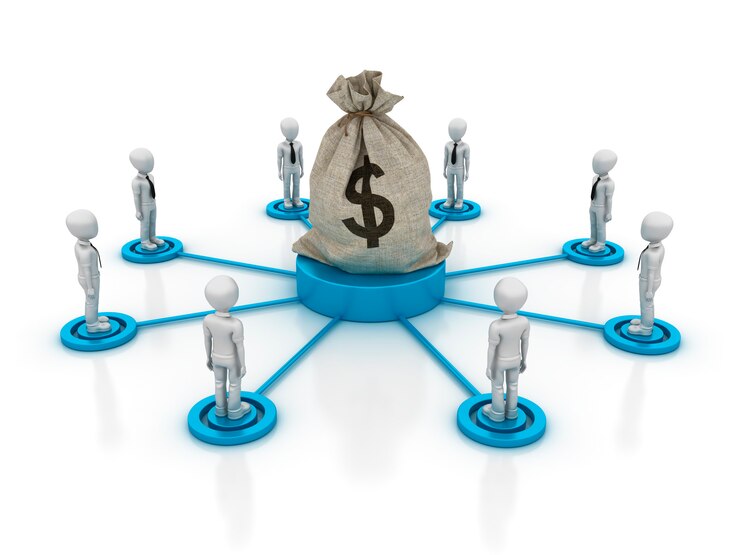 Rendering Illustration of Cartoon Business Teamwork with Dollar Money Bag