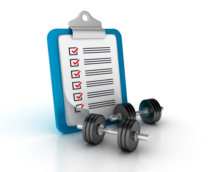 Rendering Illustration of Clipboard with Checklist and Dumbbell