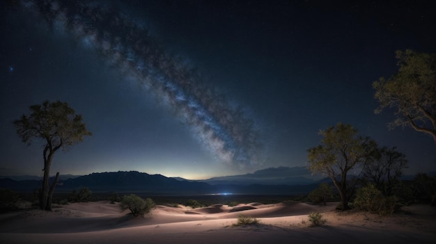 Rendering iperrealistico di un vasto cielo notturno della foresta una tela espansiva di stelle scintillanti diffusa un