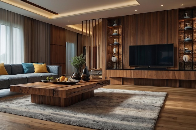 Rendering legno lusso e moderno soggiorno e dini