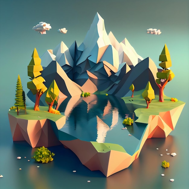 Rendering low poly di un paesaggio con montagne e lago generativo ai