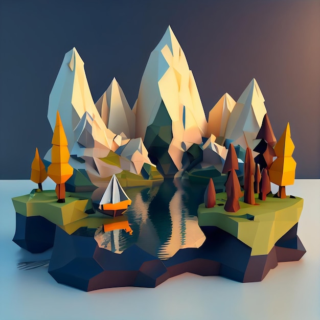 Rendering low poly di un paesaggio con montagne e lago generativo ai