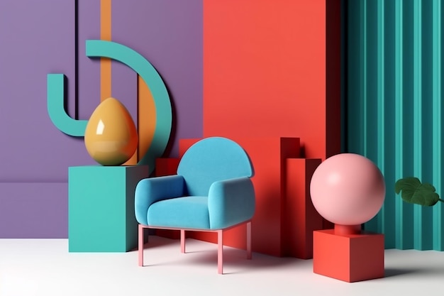 Rendering poltrona interni geometrici colorati home design divano memphis room art Generative AI