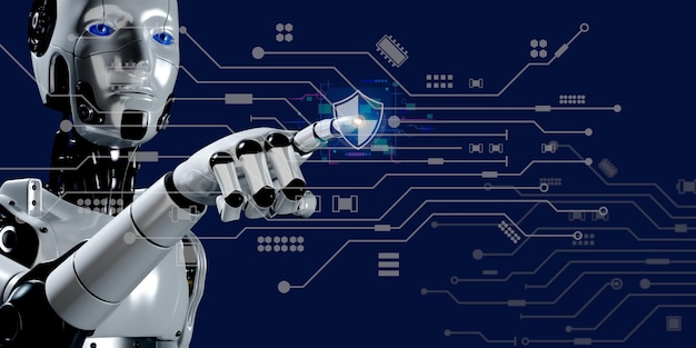 Rendering robotico 3D monitoraggio automatico dei dati sicurezza informatica protezione automatica della tecnologia online concetto
