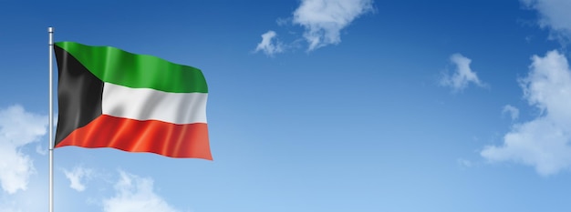 Rendering tridimensionale della bandiera del Kuwait isolato su un cielo blu Illustrazione 3D del banner orizzontale