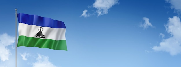 Rendering tridimensionale della bandiera del Lesotho isolato su un cielo blu Illustrazione 3D del banner orizzontale