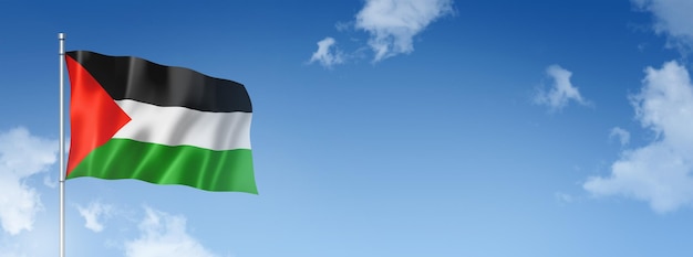 Rendering tridimensionale della bandiera della Palestina isolato su un cielo blu Illustrazione 3D del banner orizzontale