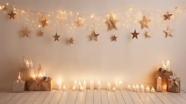 Rendi la tua stagione luminosa con questa splendida tavola natalizia Un concetto di Buon Natale con stelle di legno candele accese e ghirlande su uno sfondo beige pastello