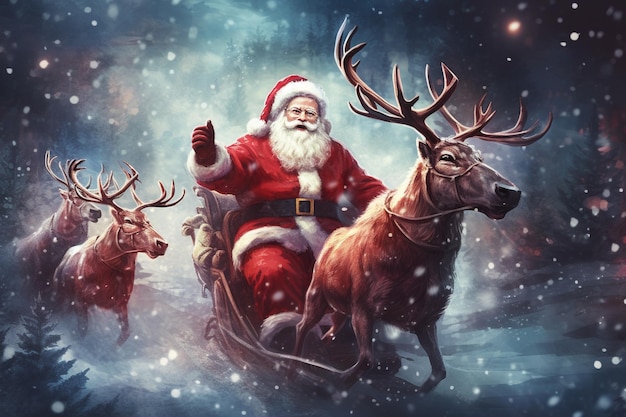 Reni che tirano la slitta di Babbo Natale sullo sfondo invernale Illustrazione digitale di vacanza per un poster o uno striscione di design nel festival di Natale IA generativa