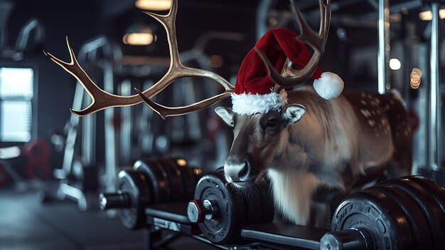 renne con un cappello di Babbo Natale sul barbell