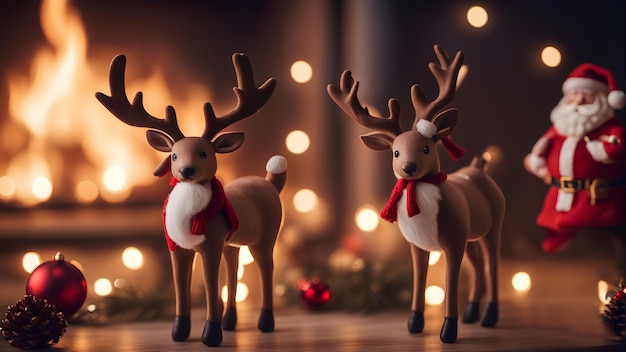 Renne di Natale e bambole di Babbo Natale davanti a un caminetto e luci sfocate IA generativa