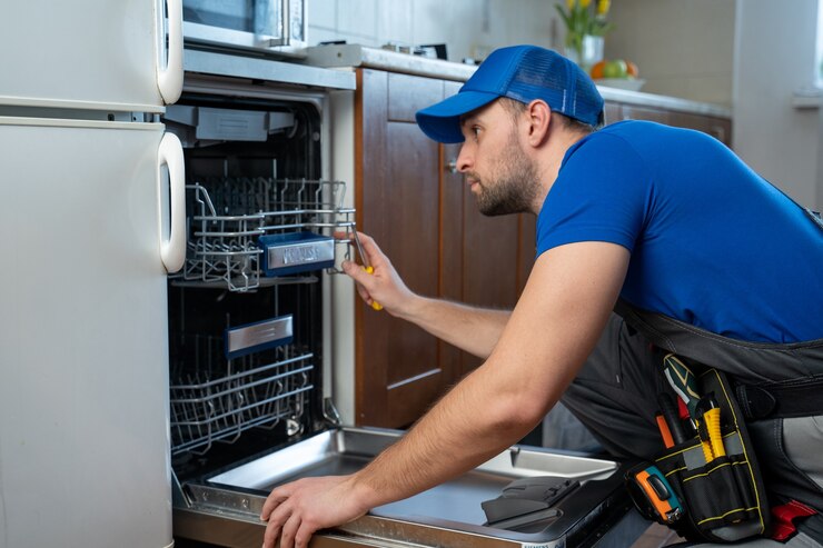 Photo repair of dishwashers repairman repairing dishwasher in kitchen