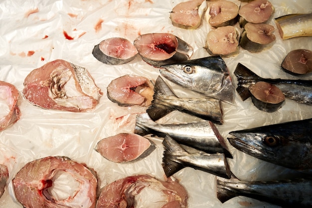 Reparto di vendita di pesce fresco in un negozio di alimentari. Il pesce fresco si trova sul bancone in ghiaccio.