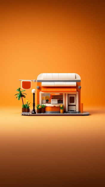 Replica del negozio in miniatura 3D realizzata con giocattoli a blocchi di plastica di colore arancione