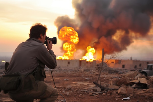 reporter di guerra che fotografa un'area devastata