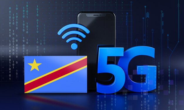 Repubblica Democratica del Congo pronta per il concetto di connessione 5G. Sfondo di tecnologia Smartphone rendering 3D