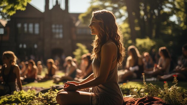 Residenti che partecipano a una carta da parati di yoga comunitaria