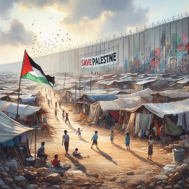 Resilienza raffigurata in acquerelli mostra lo striscione Save Palestine nel campo dei rifugiati
