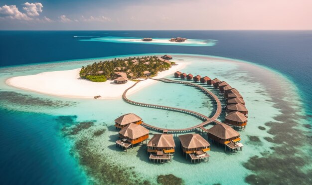 Resort tropicale di lusso con ville sull'acqua e splendida scena sulla spiaggia