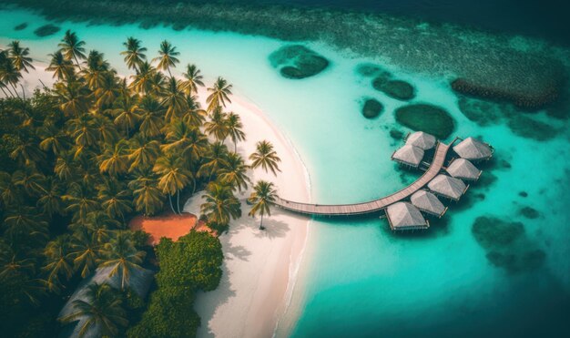 Resort tropicale di lusso con ville sull'acqua e splendida scena sulla spiaggia