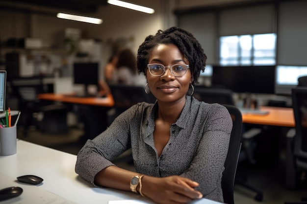 responsabile delle operazioni donna afroamericana in una startup sul mercato seduta nel suo ufficio