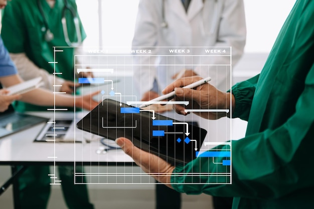 Responsabile di progetto che lavora e aggiorna le attività con il diagramma di pianificazione del diagramma di Gantt al medico intelligente di successo dell'ospedale che lavora con il medico intelligente