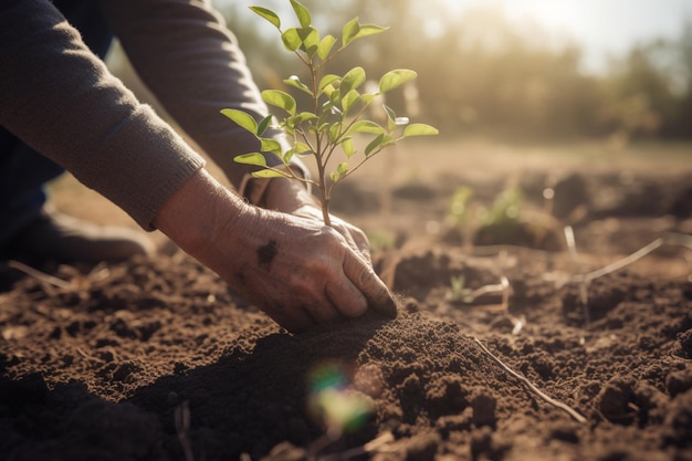 Responsabilità sociale d'impresa Un uomo irriconoscibile che pianta un albero come parte di un'iniziativa di RSI